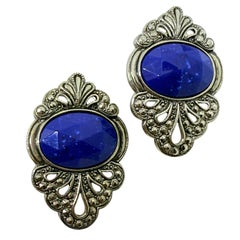 Vintage Silber Ton faux Lapis Steine Designer Ohrringe durchbohrt