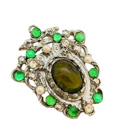 Vintage silver tone faux pearl rhinestones designer brooch