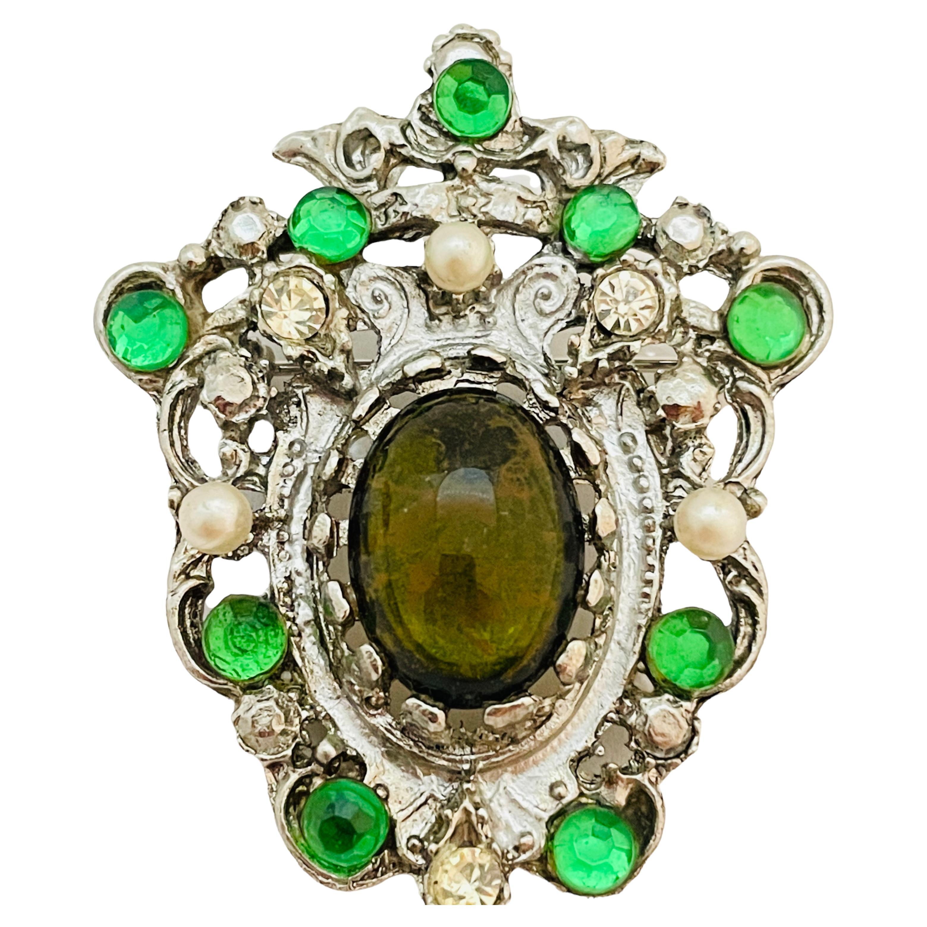 Spilla vintage in argento con strass e perle finte di design