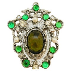 Vintage silver tone faux pearl rhinestones designer brooch