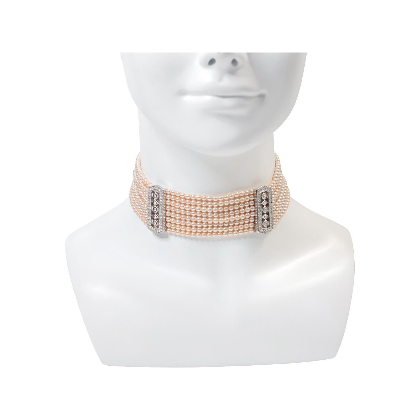 Modern Vintage Silver Tone Faux Pearl with Rhinestone Diamante Choker Circa 1990s For Sale