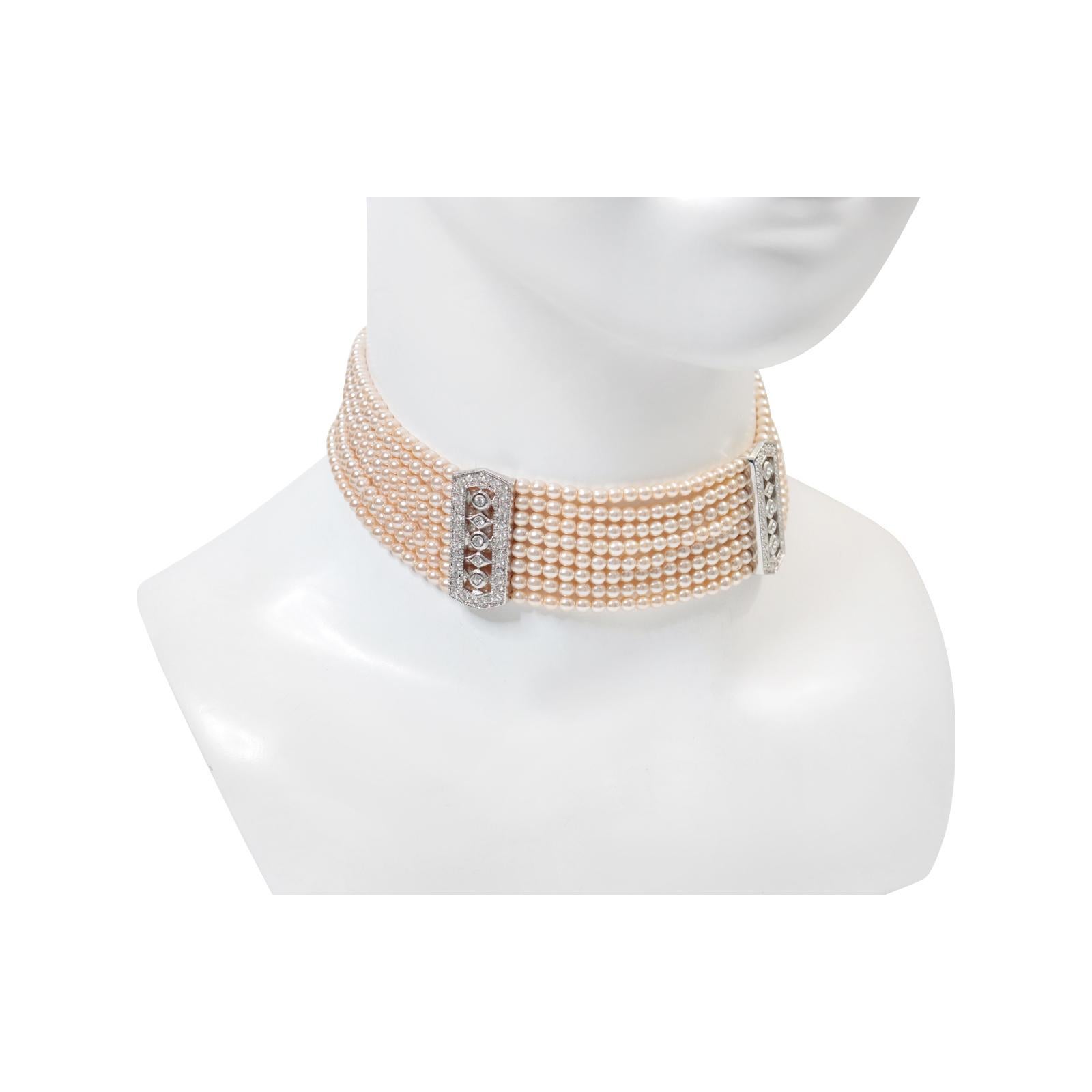 Vintage Silver Tone Faux Pearl with Rhinestone Diamante Choker Circa 1990s In Good Condition For Sale In New York, NY