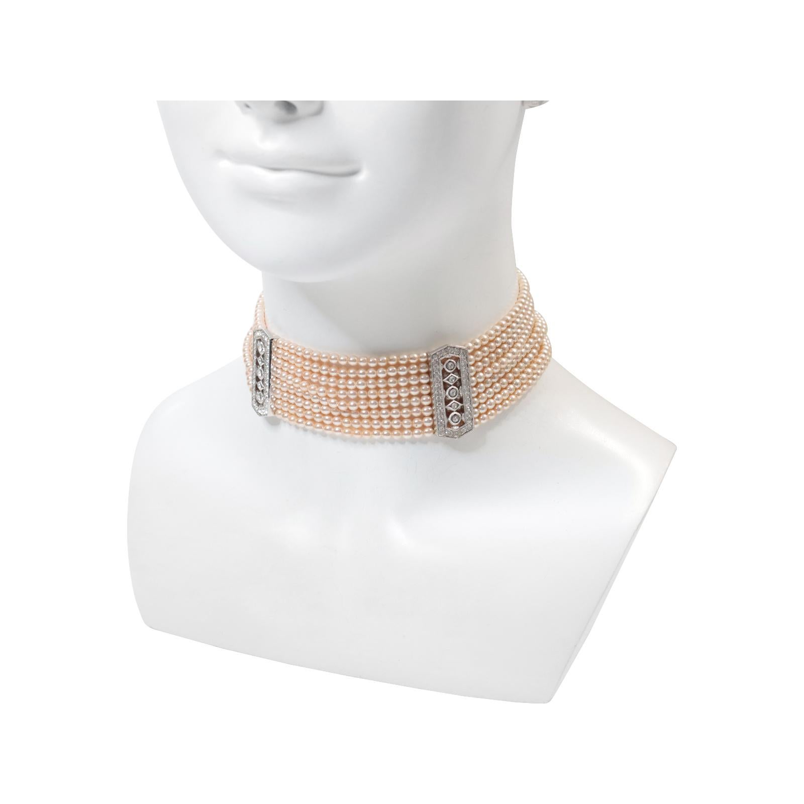 Women's or Men's Vintage Silver Tone Faux Pearl with Rhinestone Diamante Choker Circa 1990s For Sale