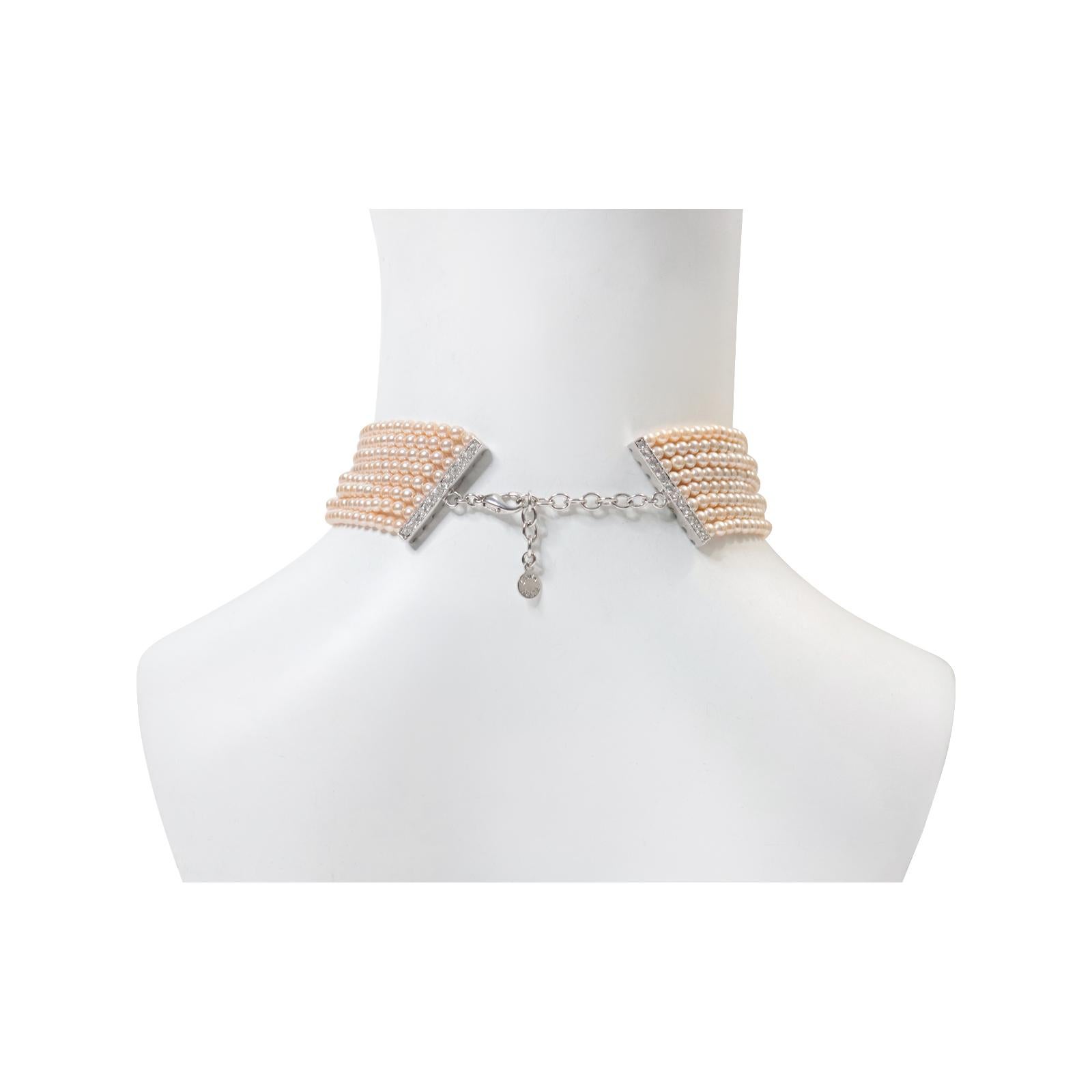 Vintage Silver Tone Faux Pearl with Rhinestone Diamante Choker Circa 1990s For Sale 1