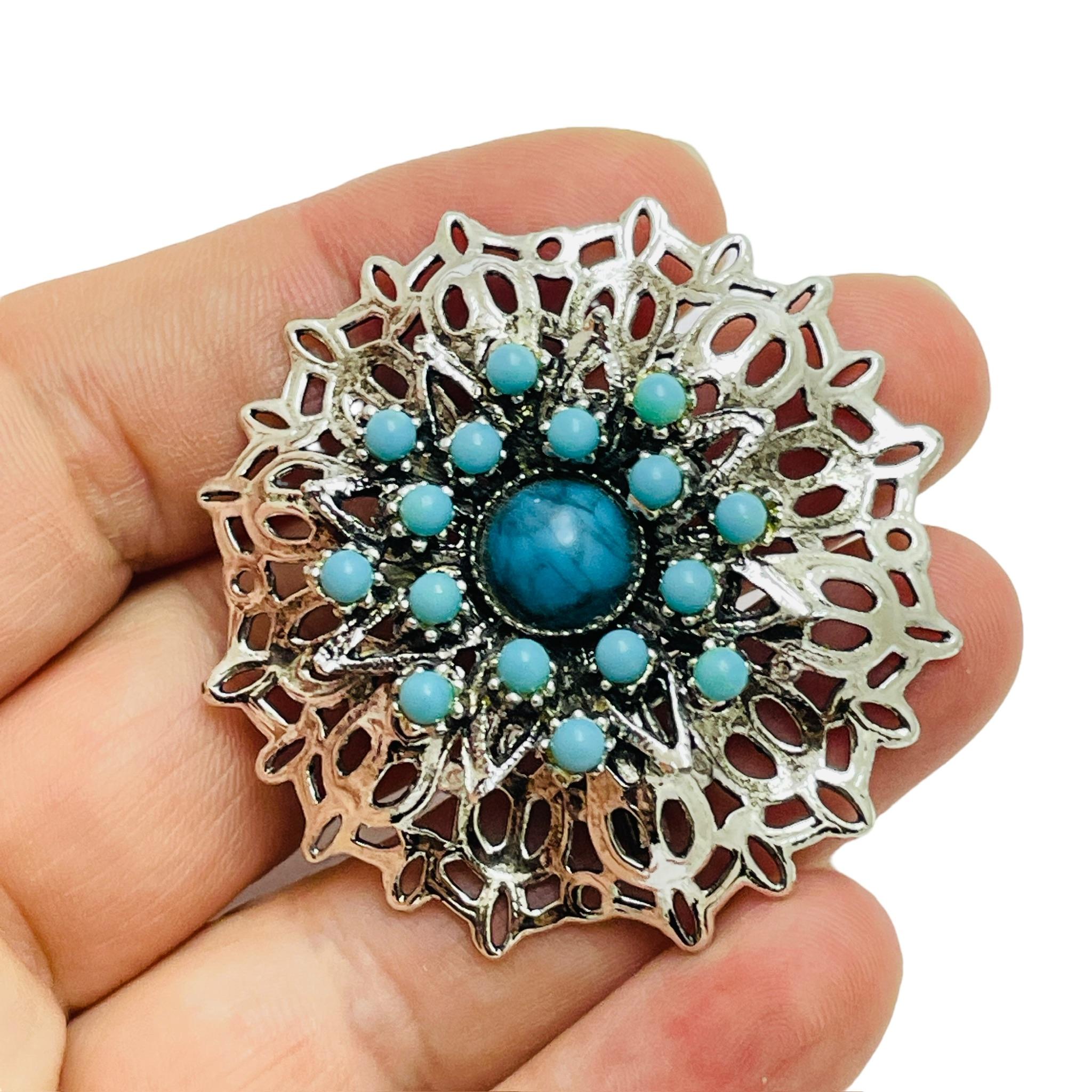 Women's Vintage silver tone faux turquoise designer brooch For Sale