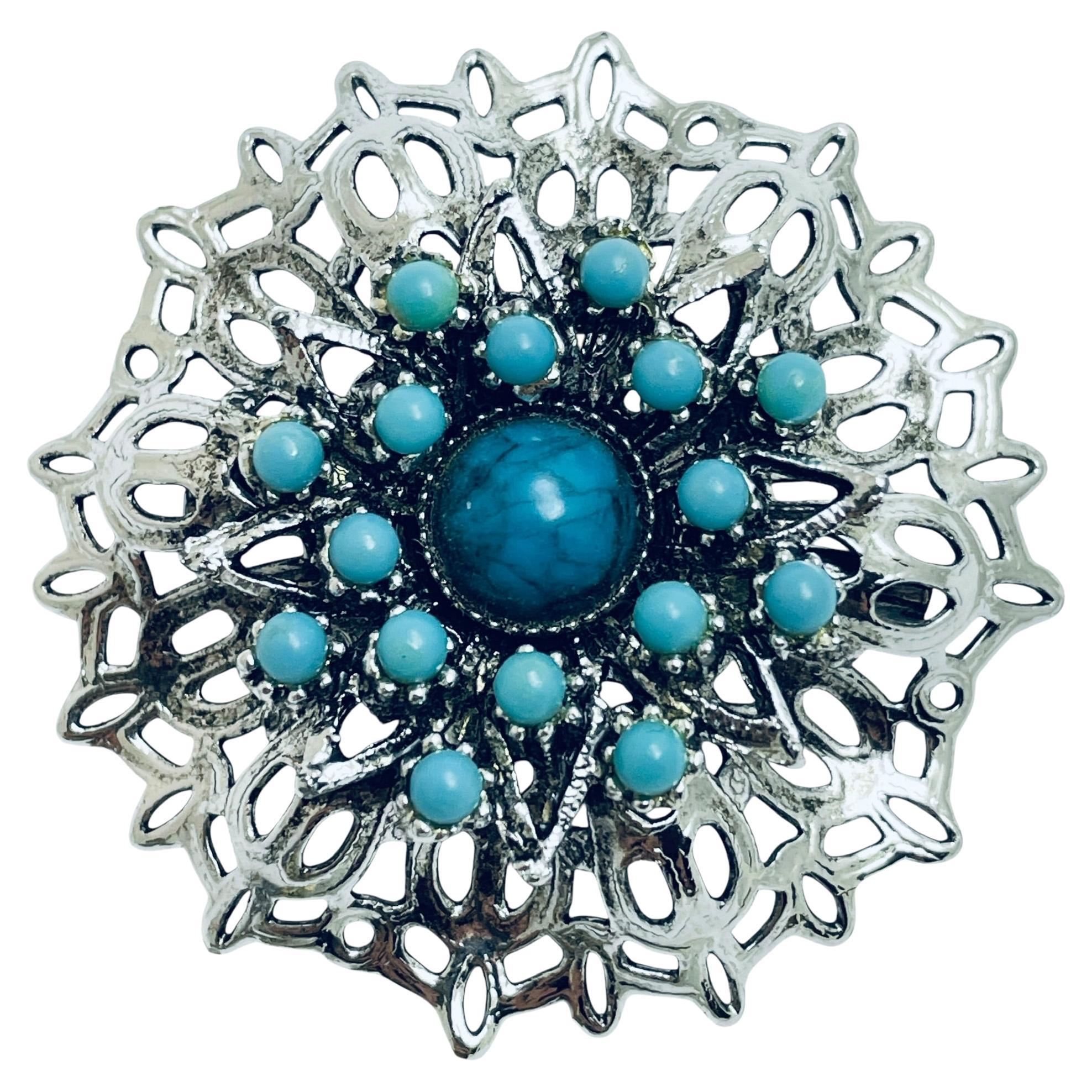 Vintage silver tone faux turquoise designer brooch For Sale