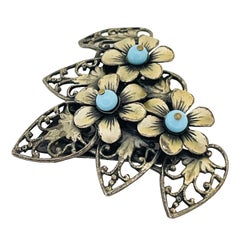 Vintage silver tone faux turquoise designer fur clip