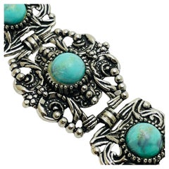 Vintage silver tone faux turquoise link bracelet