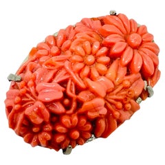 Vintage silver tone flower coral molded glass cameo designer brooch