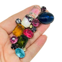 Vintage silver tone fruit salad glass stones large designer brooch