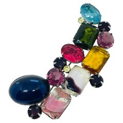 Vintage silver tone fruit salad glass stones large designer brooch