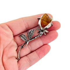 Vintage silver tone glass amber rose flower designer brooch