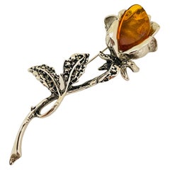 Broche vintage en verre argenté ambre rose fleur designer