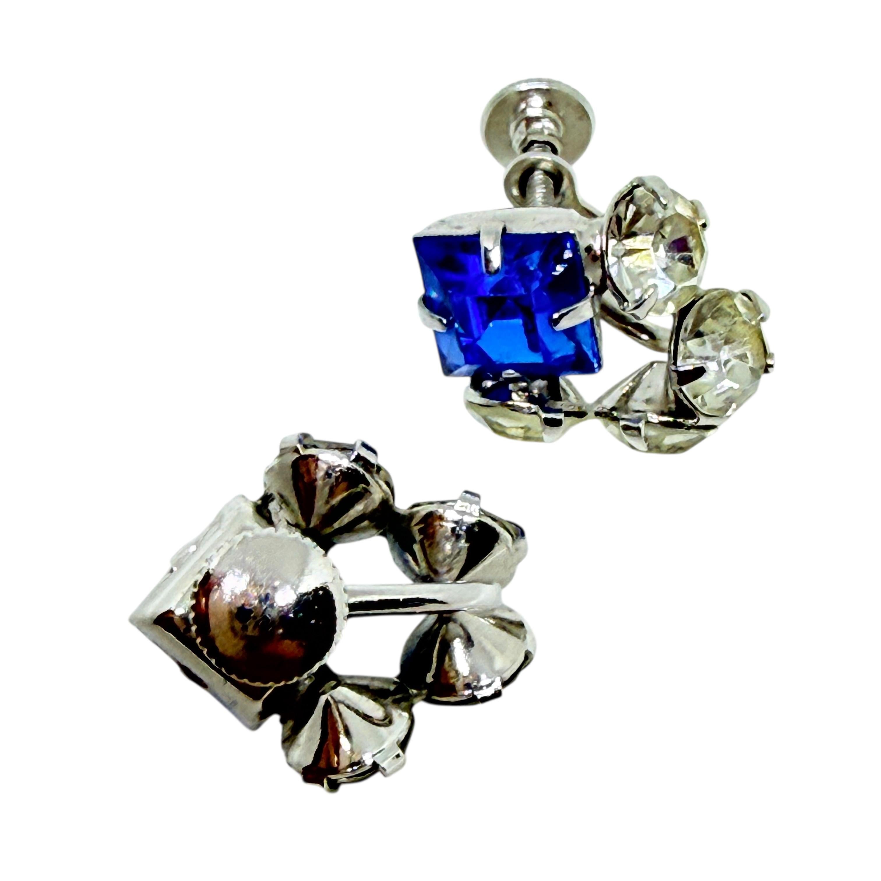 Vintage Silber Ton Glas blaue Steine Schraube zurück Ohrringe im Zustand „Gut“ im Angebot in Palos Hills, IL