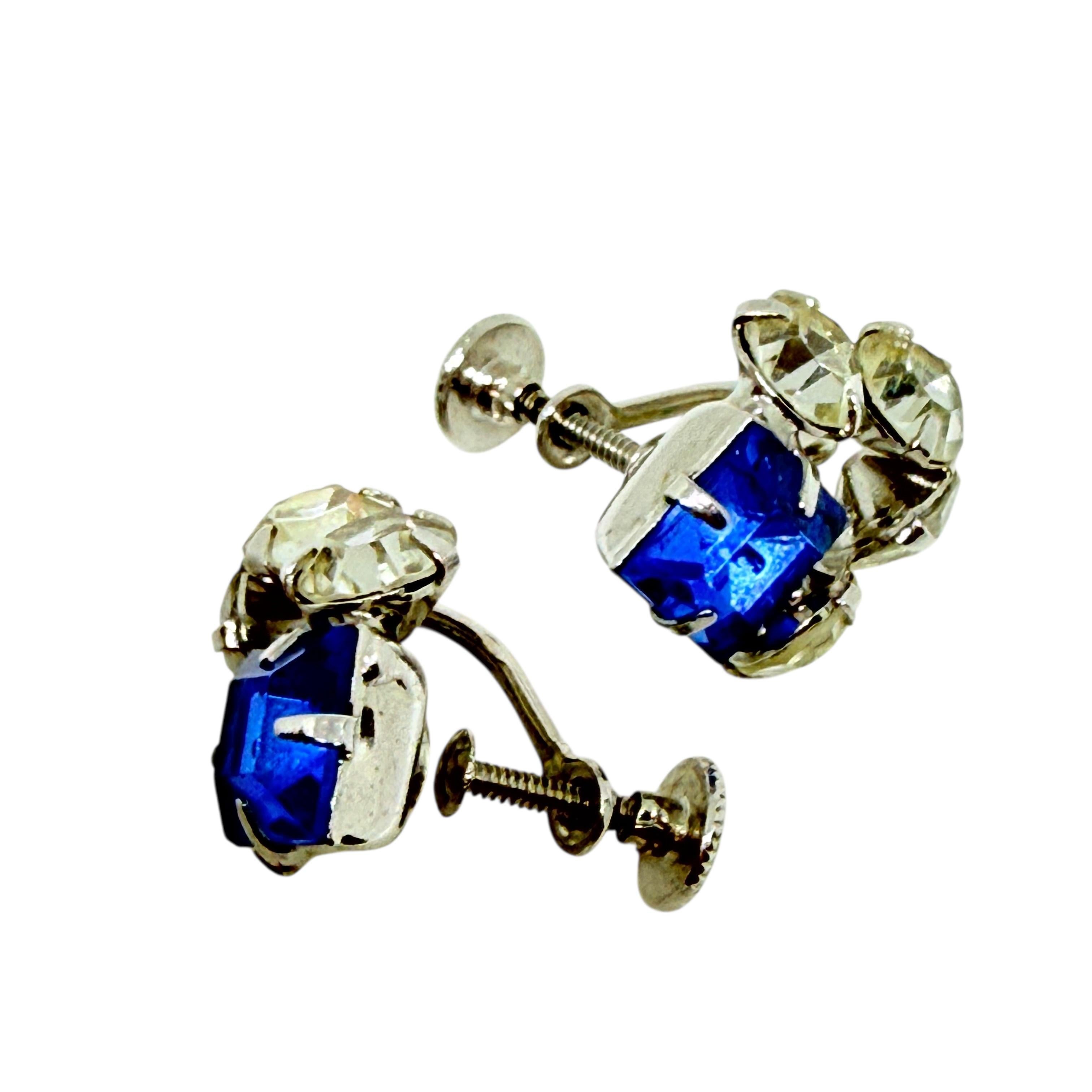 Vintage Silber Ton Glas blaue Steine Schraube zurück Ohrringe für Damen oder Herren im Angebot