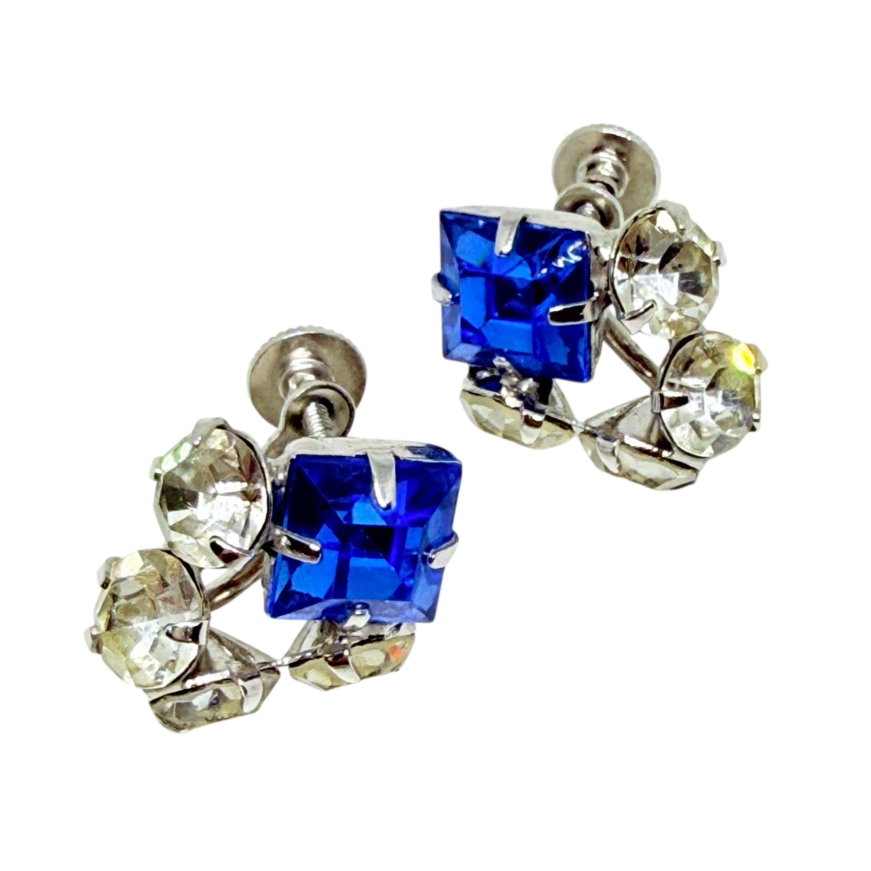 Vintage Silber Ton Glas blaue Steine Schraube zurück Ohrringe im Angebot 1