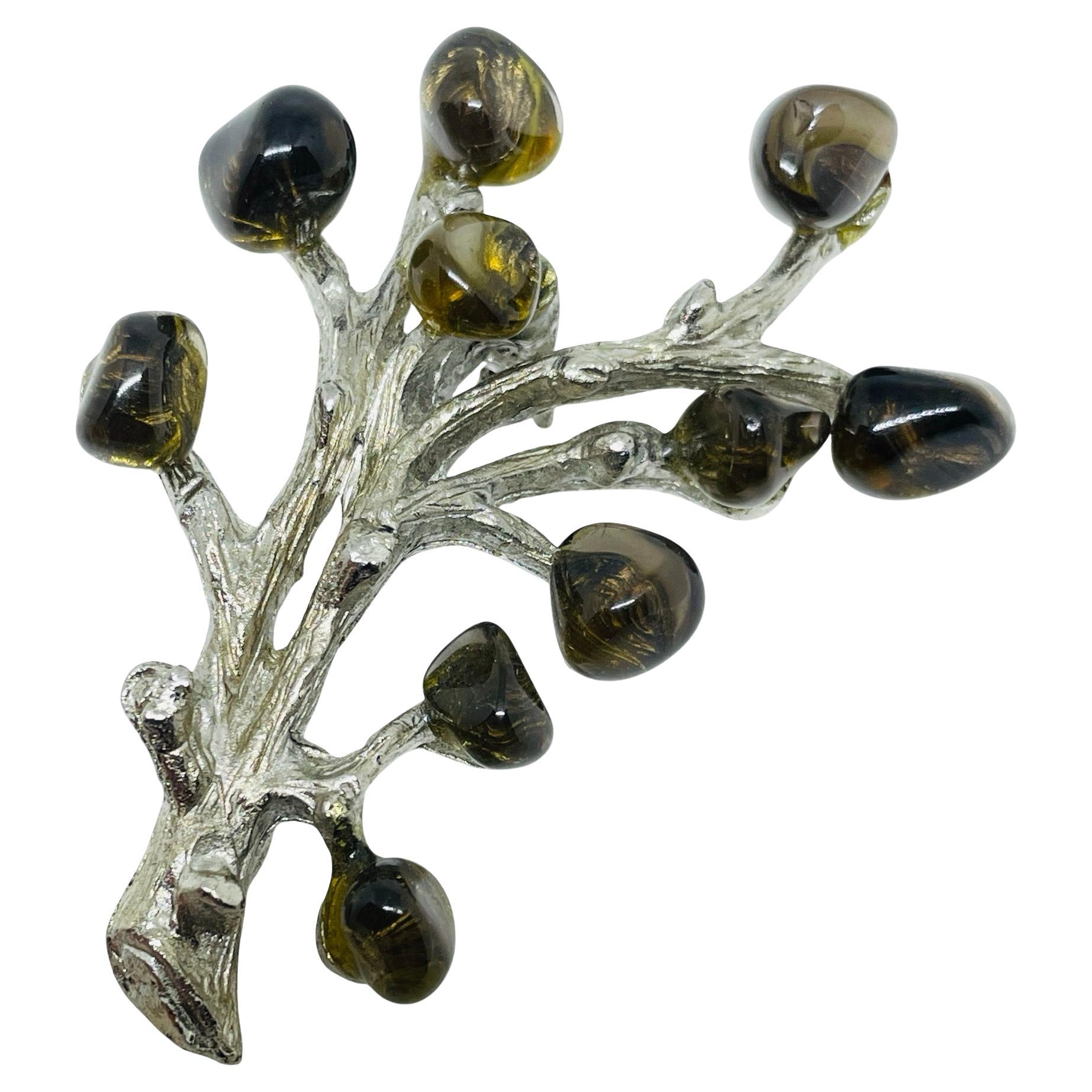 Vintage silver tone glass branch tree designer brooch