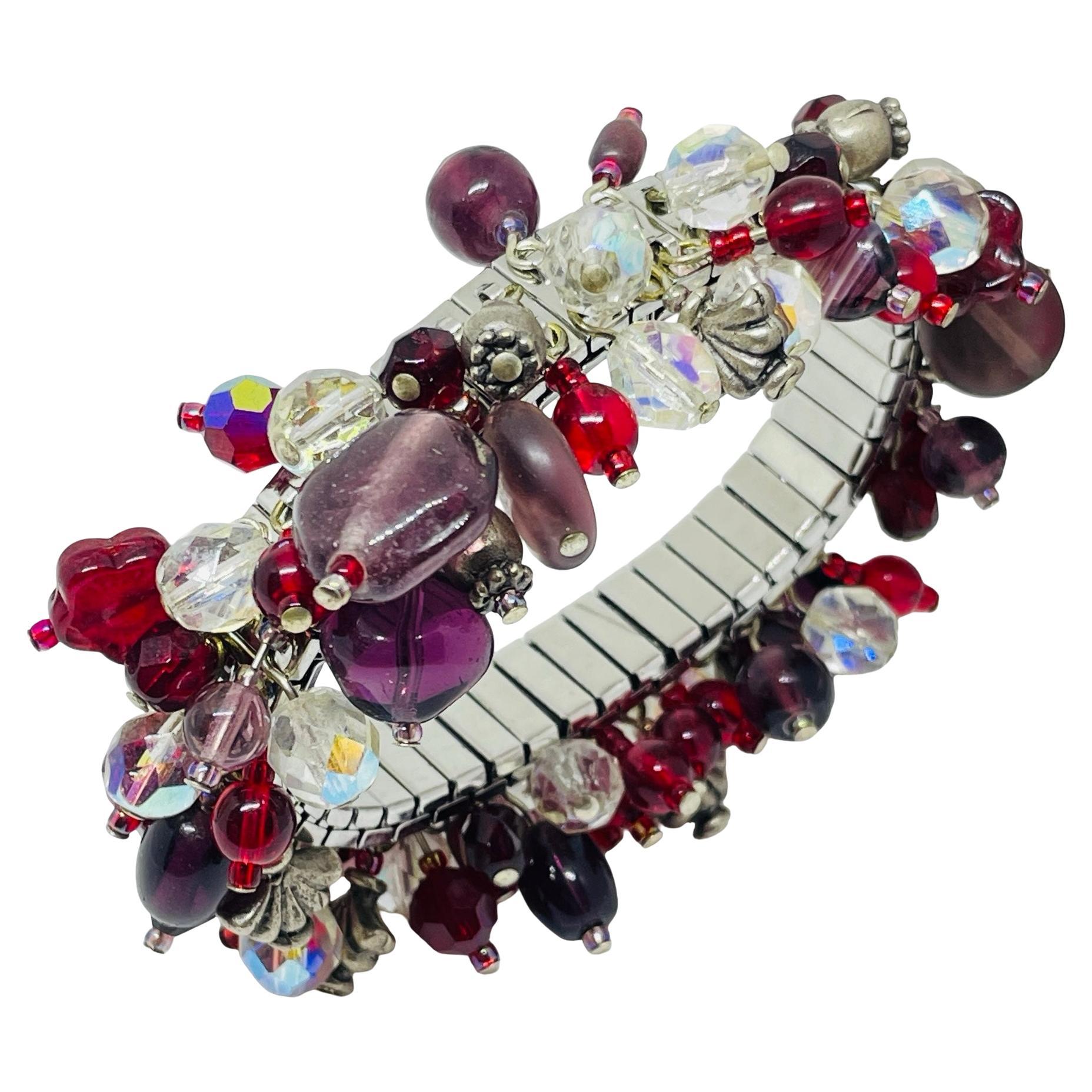 Vintage silver tone glass crystal beaded cha cha cha stretch designer bracelet For Sale