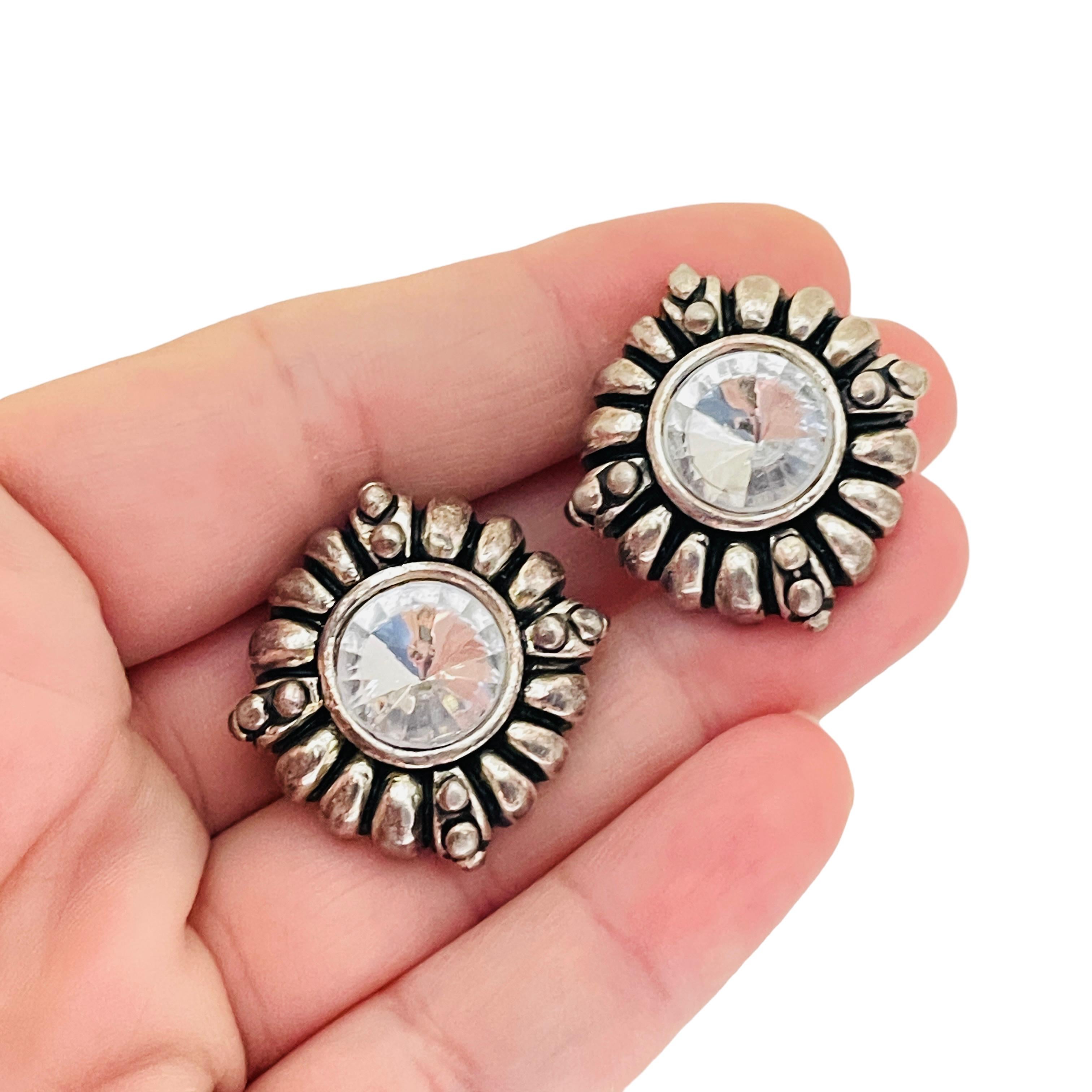 Women's or Men's Vintage silver tone glass designer runway clip on earrings   For Sale