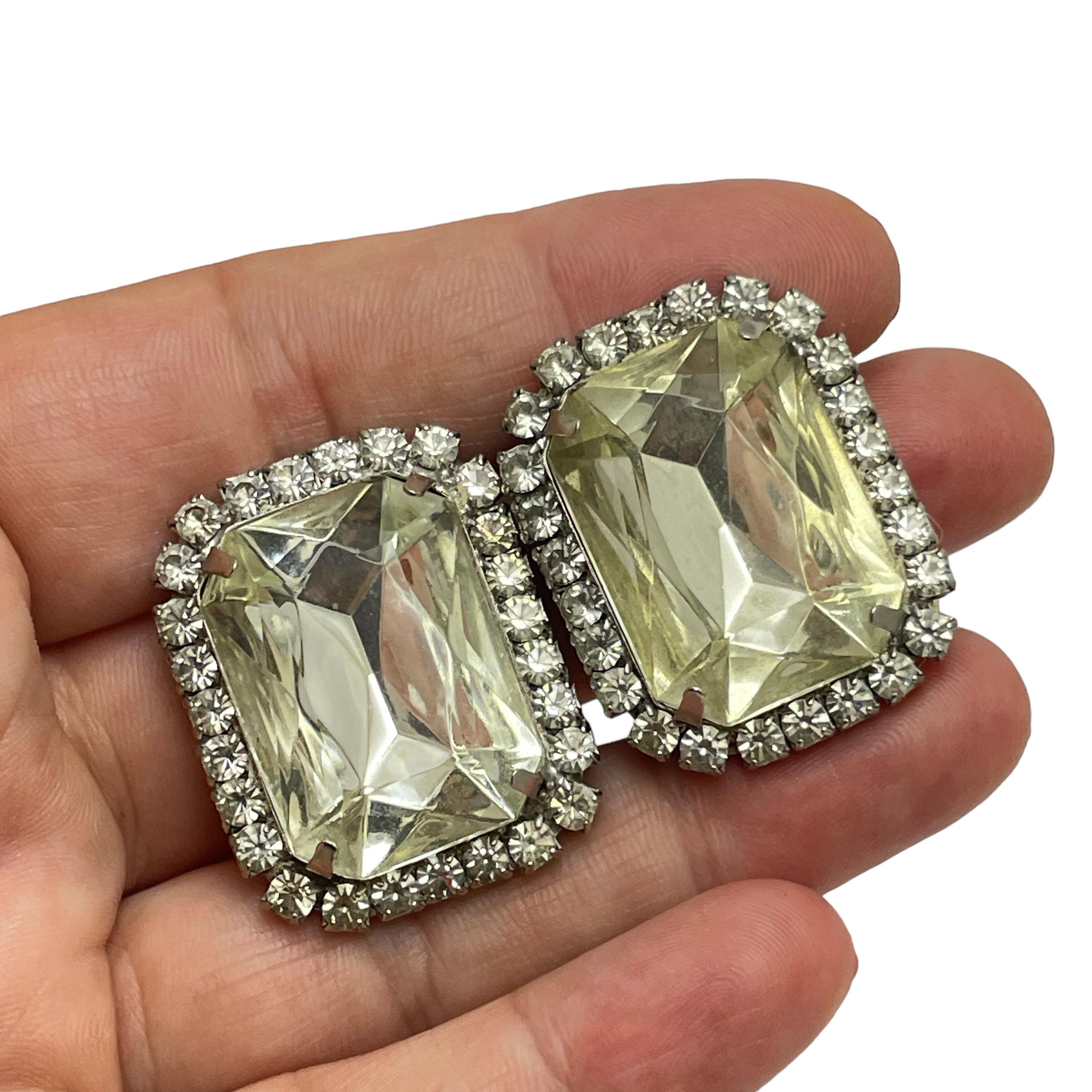 Women's Vintage silver tone glass huge clip on designer earrings For Sale