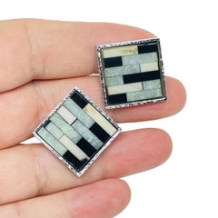Vintage silver tone glass mosaic modernist massive designer cufflinks