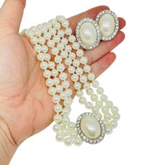 Vintage silver tone glass pearls rhinestones necklace earrings set
