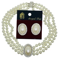 Vintage silver tone glass pearls rhinestones necklace earrings set