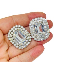 Grandes boucles d'oreilles à clip de créateur vintage, en verre argenté et strass