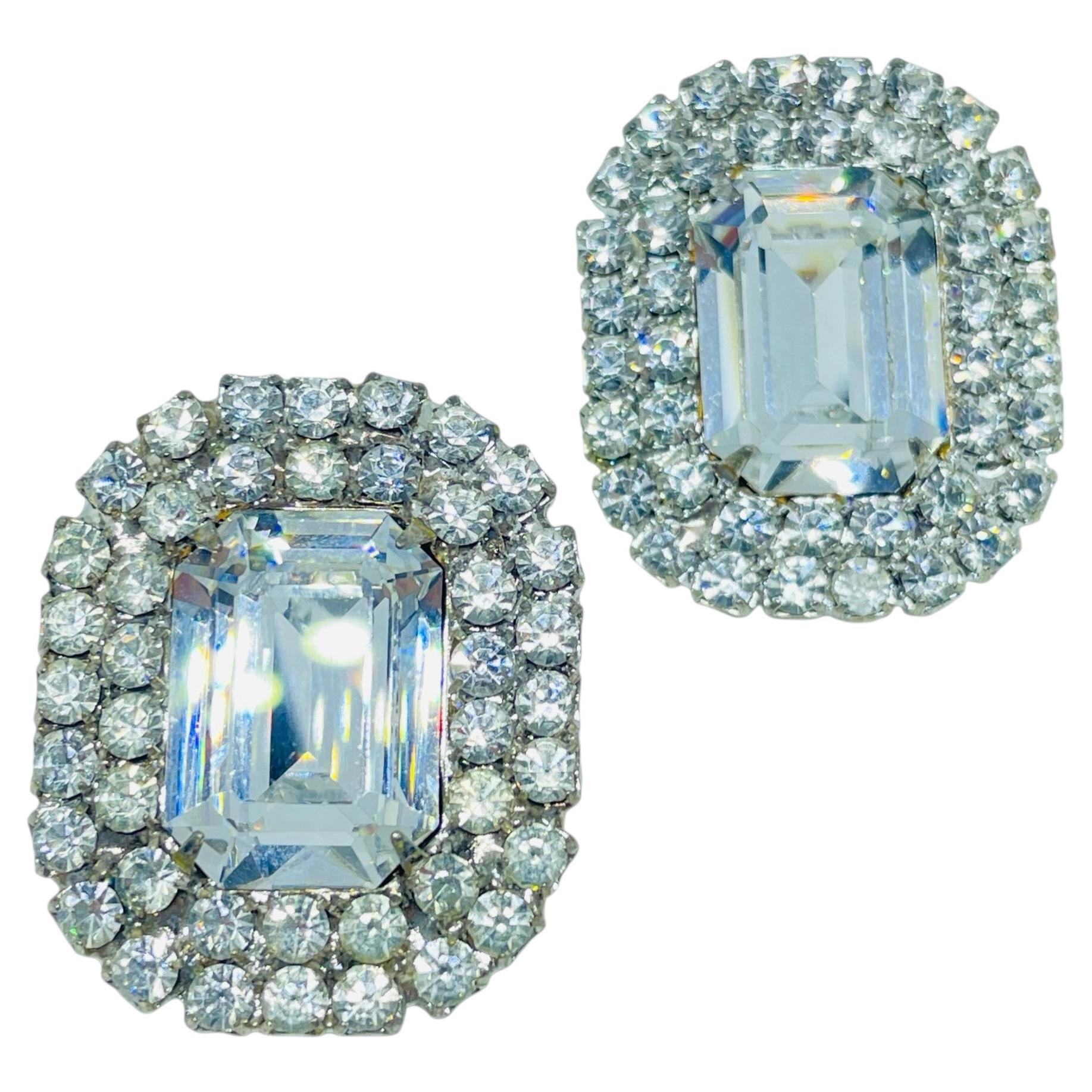 Vintage silver tone glass rhinestones massive designer clip on earrings