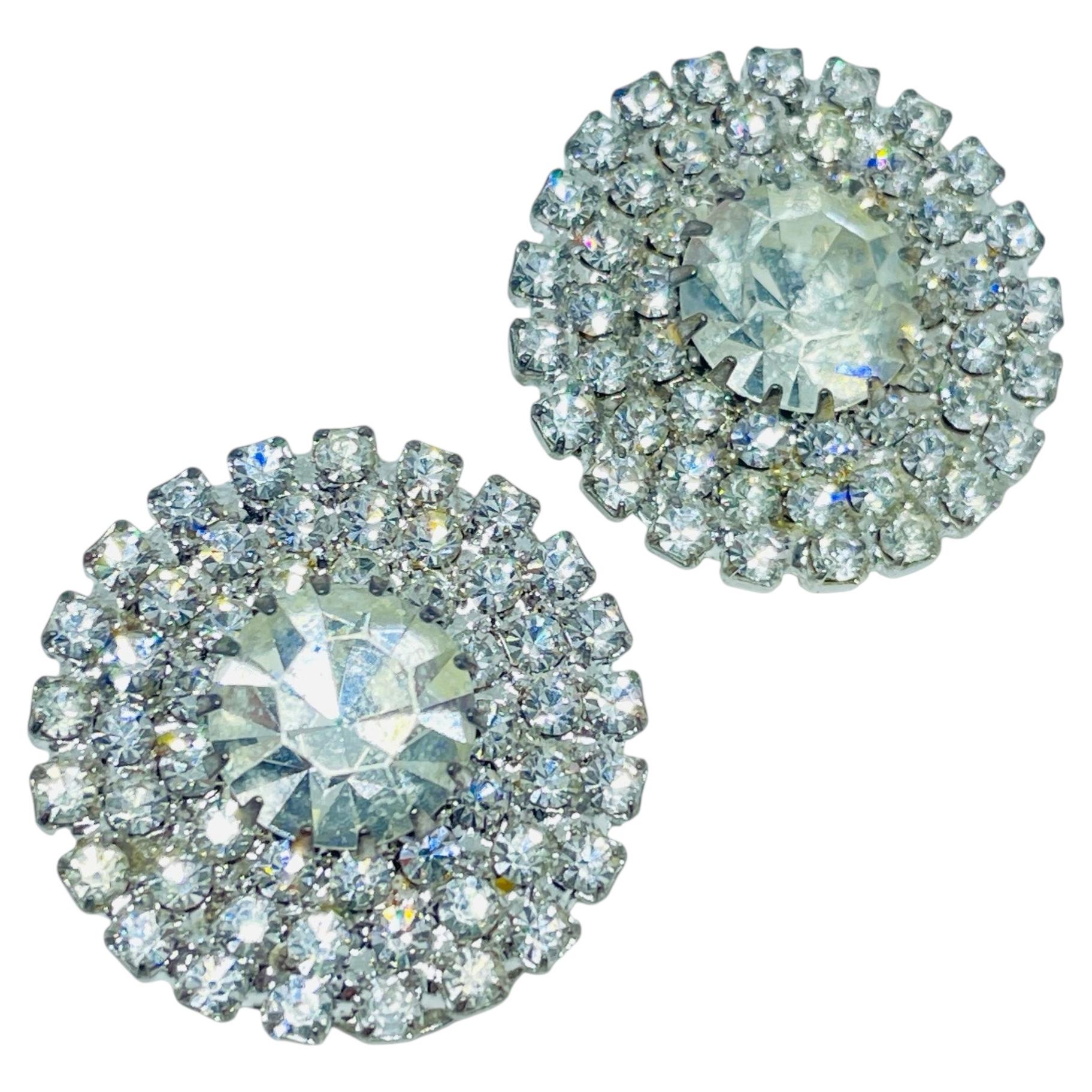 Vintage silver tone glass rhinestones massive designer clip on earrings