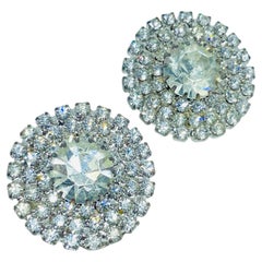 Vintage silver tone glass rhinestones massive designer clip on earrings