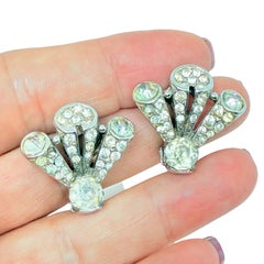 Vintage silver tone glass stones designer clip on earrings