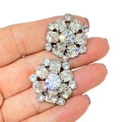 Vintage silver tone glass stones designer screw back earrings