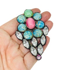 Vintage silver tone glass turquoise cabochons flower massive designer fur clip