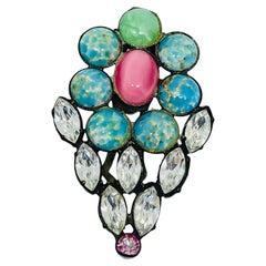 Vintage silver tone glass turquoise cabochons flower massive designer fur clip