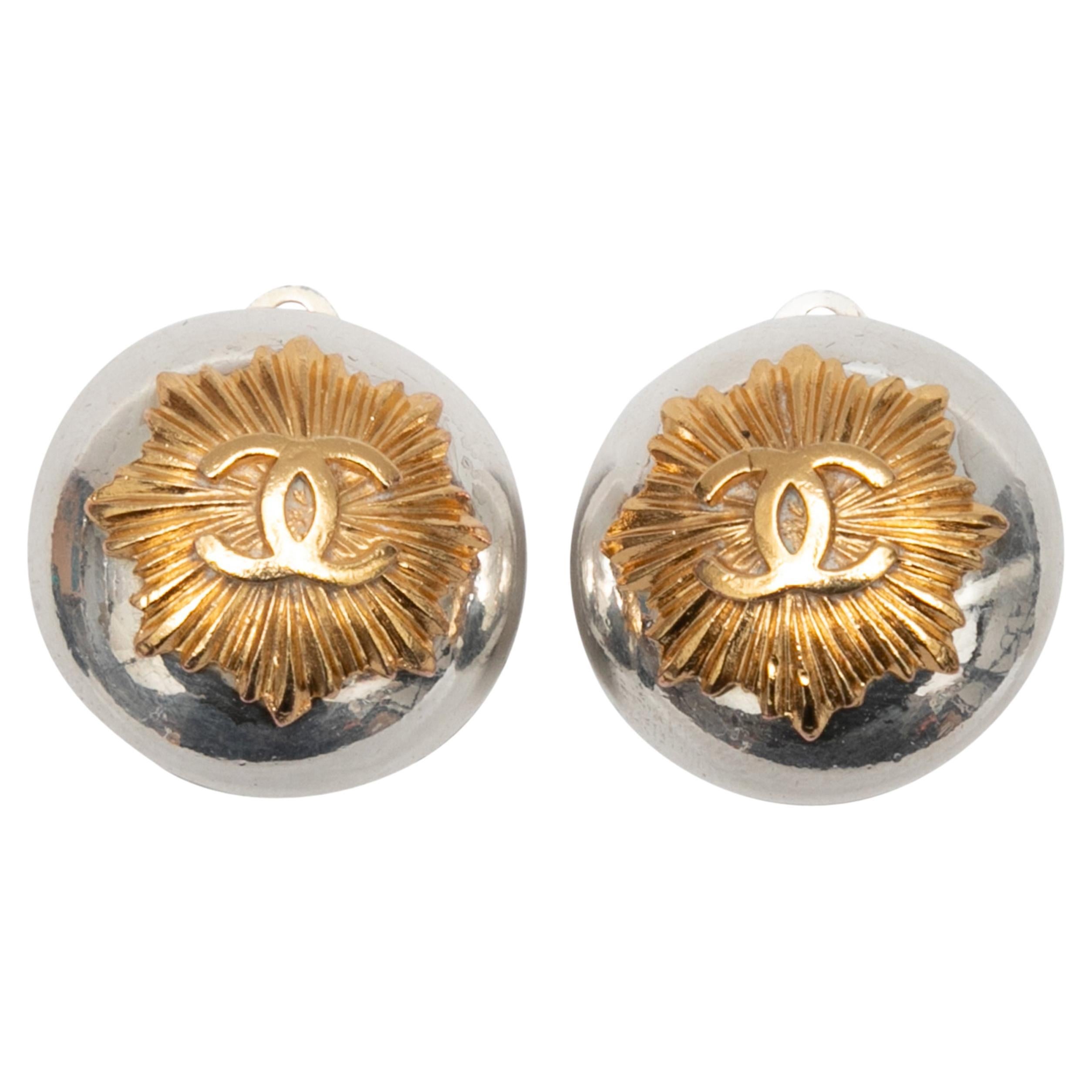 Vintage Silver-Tone & Gold-Tone Chanel Spring 1997 Logo Clip-On Earrings For Sale