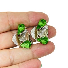 Vintage Silber Ton grün Strass Designer Clip auf Ohrringe