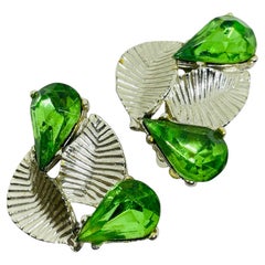 Vintage Silber Ton grün Strass Designer Clip auf Ohrringe