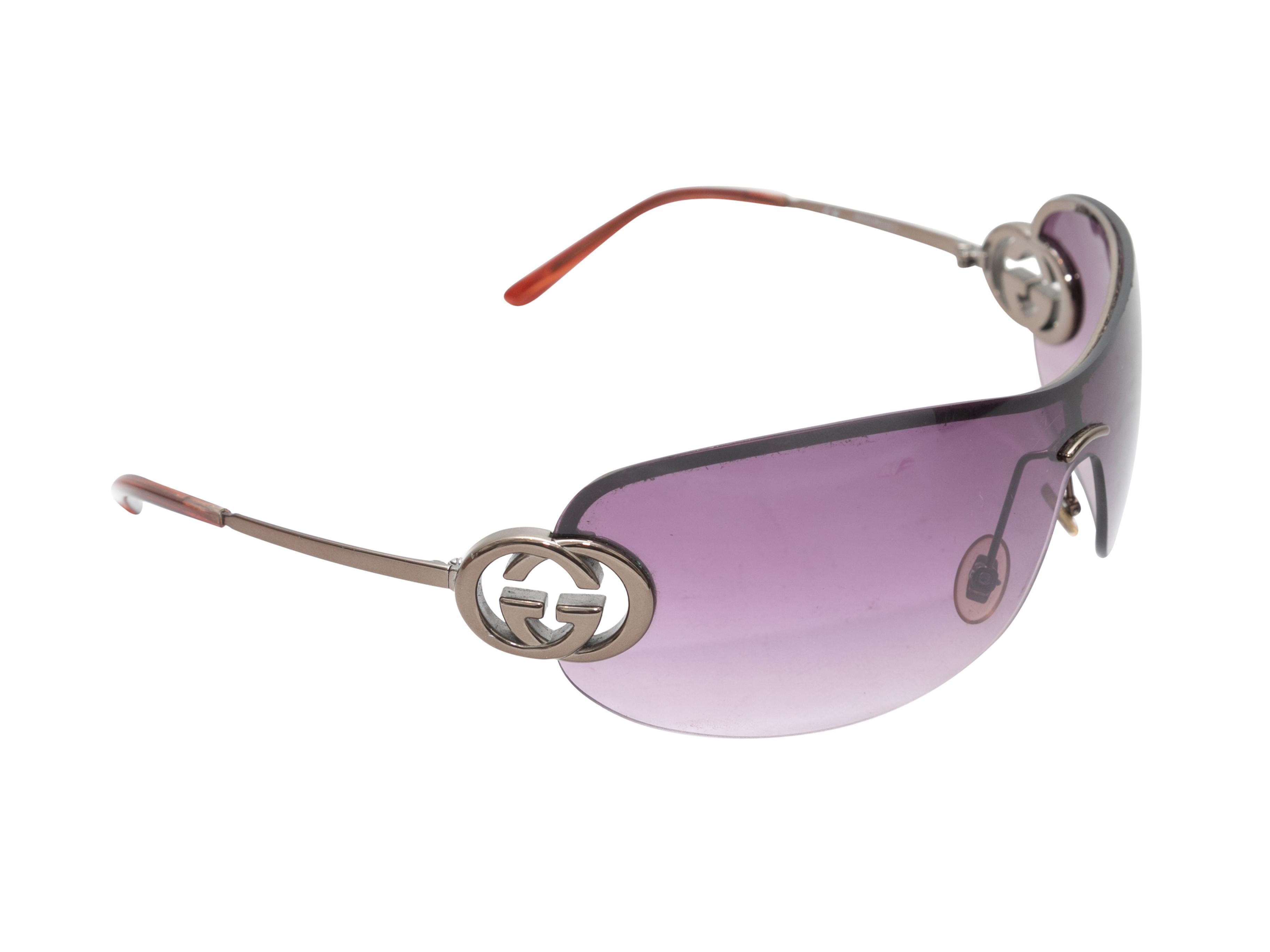 Vintage silver-tone GG sunglasses by Gucci. Purple tinted shield lenses. 2