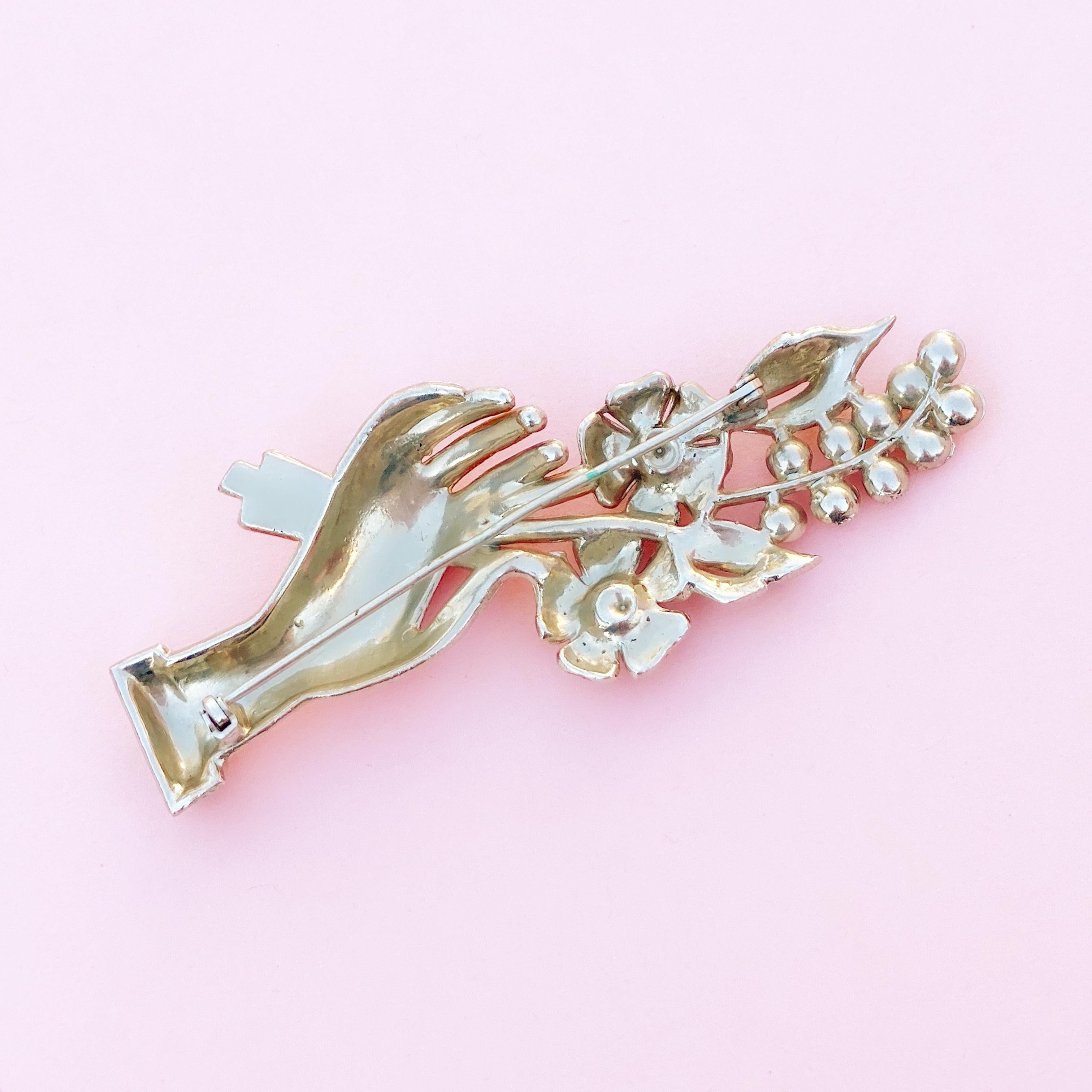 Modern Vintage Silver Tone Hand Holding Flowers Figural Brooch, 1940s