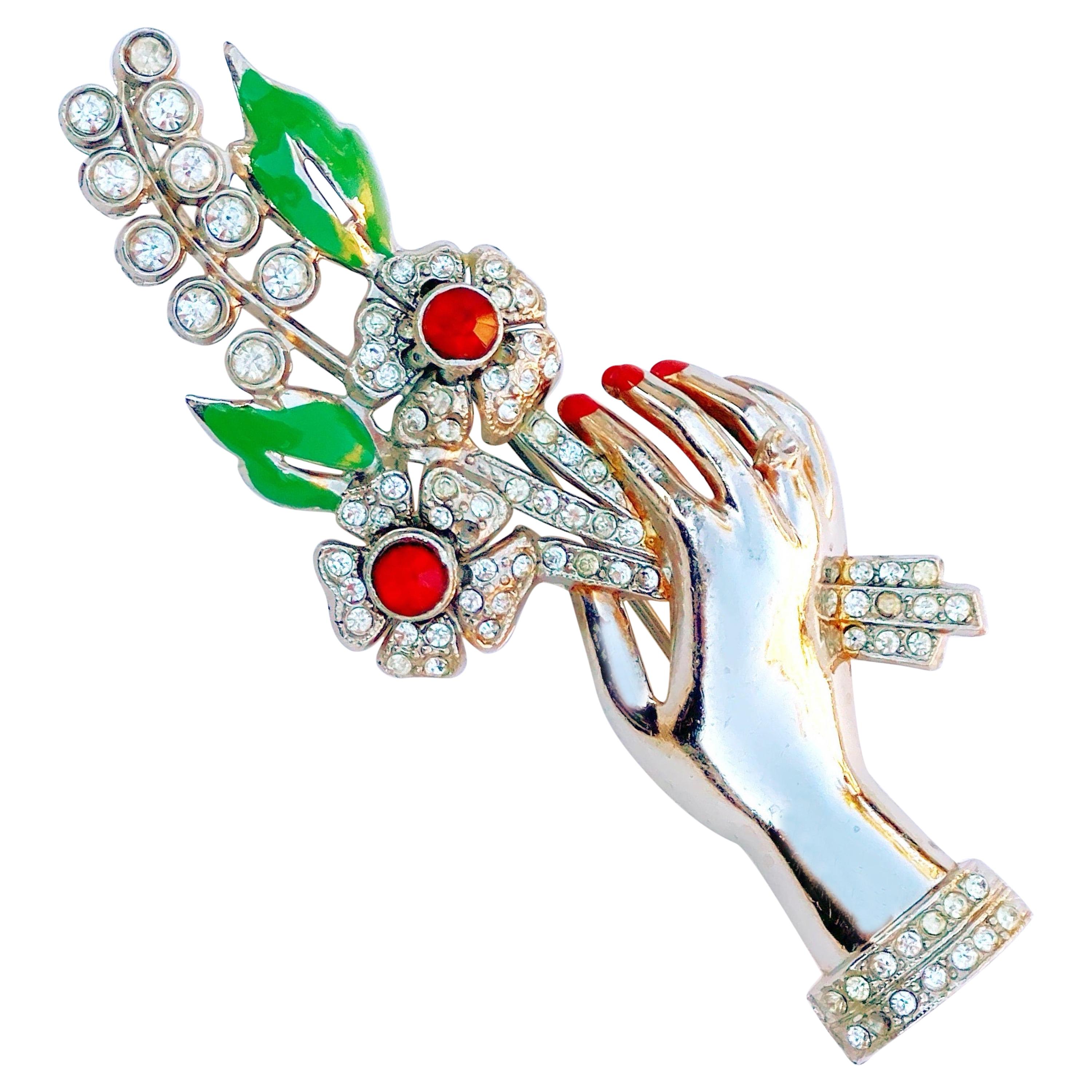 Vintage Silver Tone Hand Holding Flowers Figural Brooch, 1940s