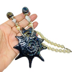 Vintage silver tone huge art glass pendant faux pearls designer artisan necklace