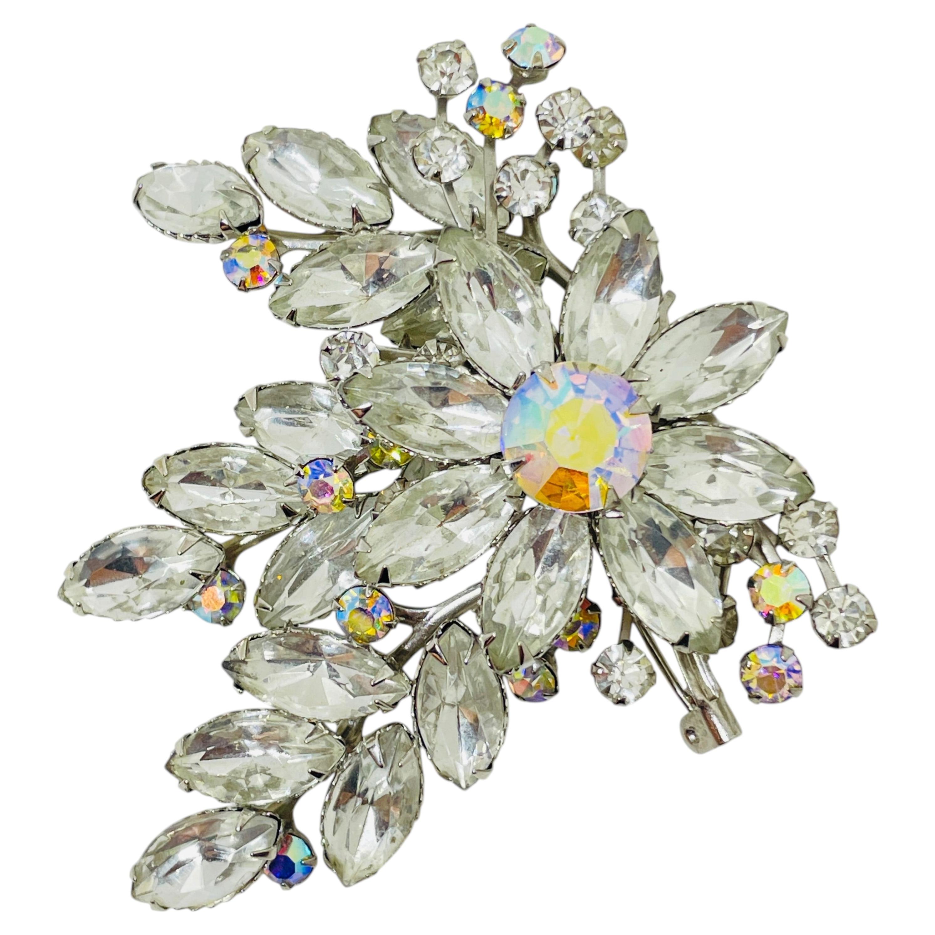 Vintage silver tone huge flower aurora rhinestones designer brooch