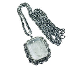 Vintage silver tone intaglio glass designer chain necklace