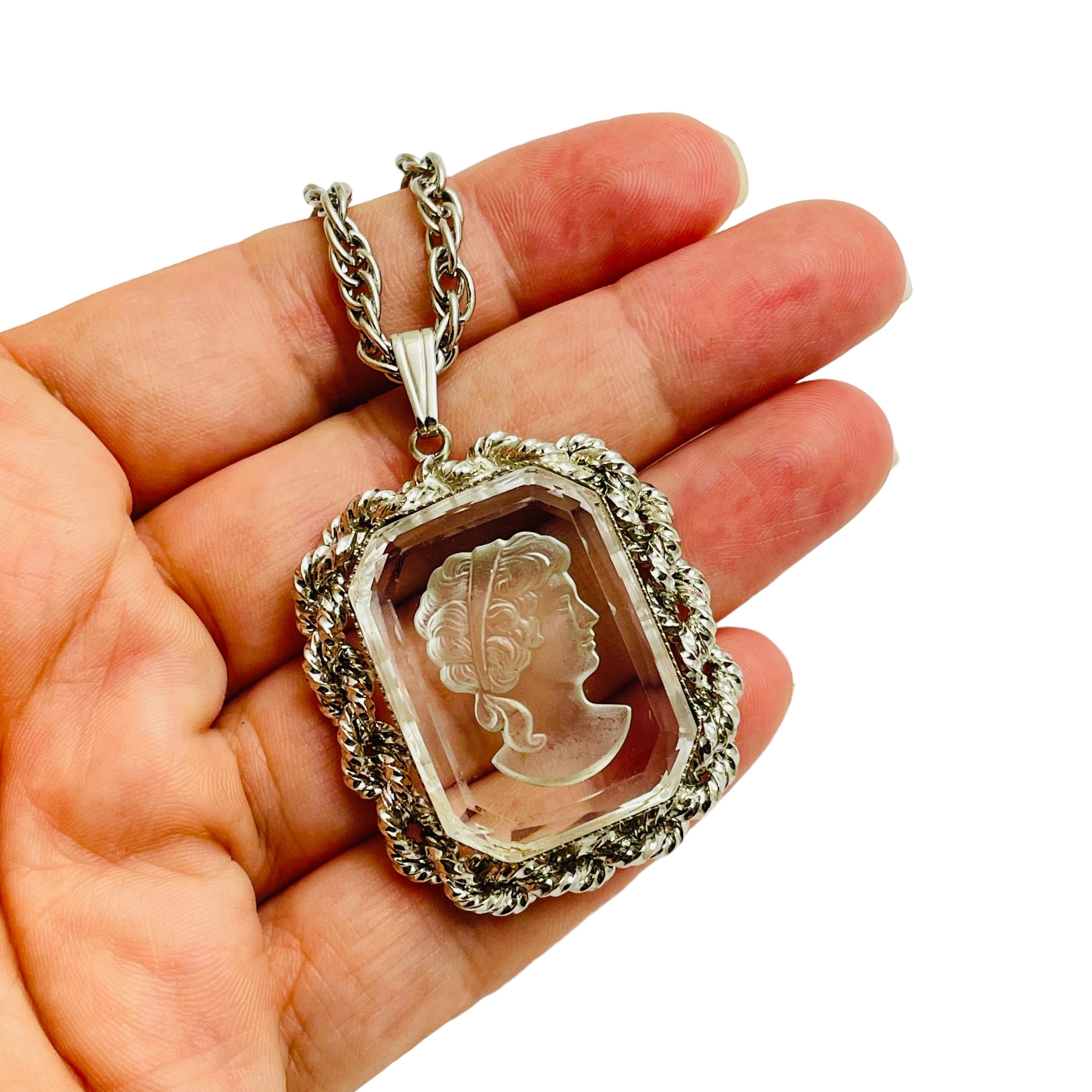 Women's Vintage silver tone intaglio glass designer chain necklace For Sale