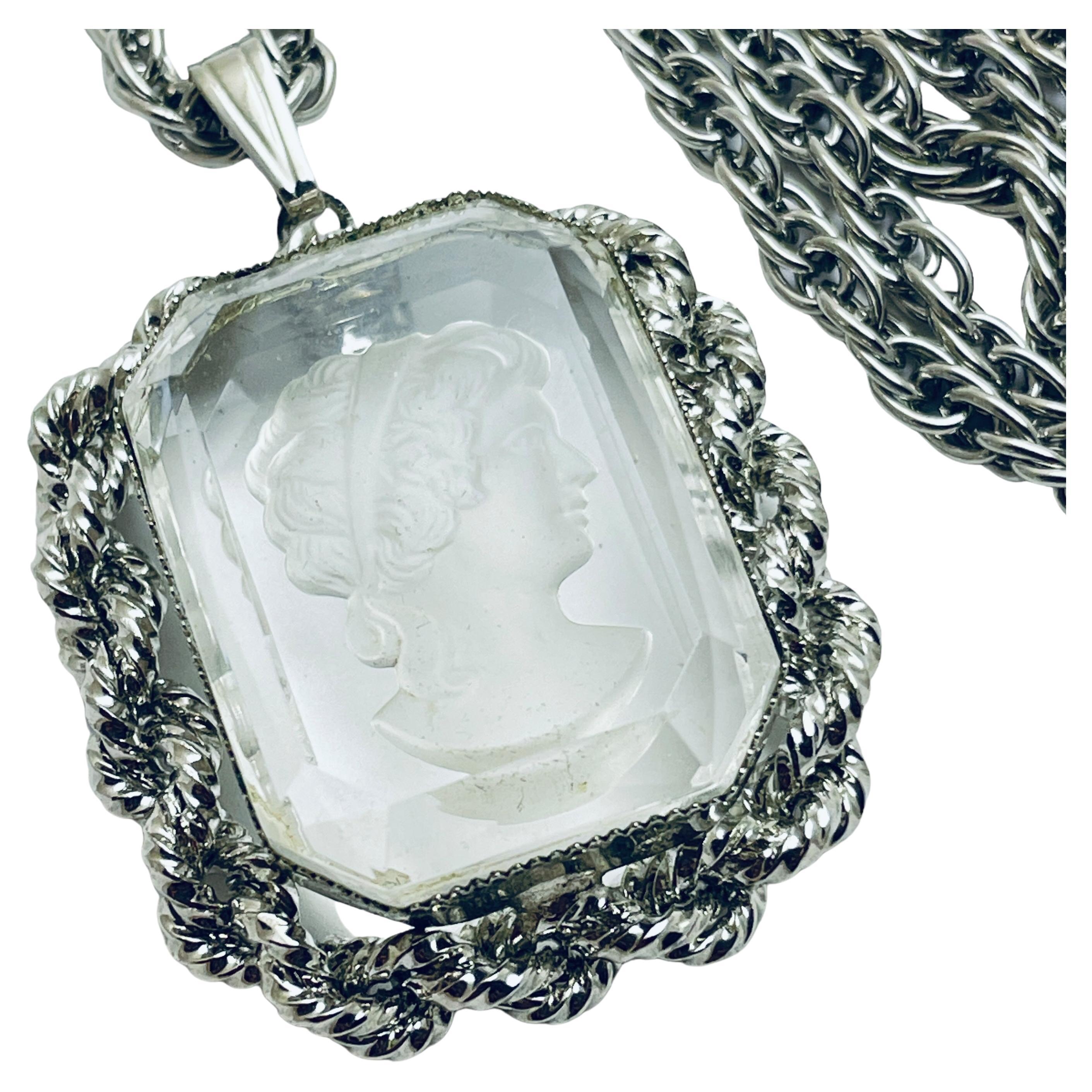 Vintage silver tone intaglio glass designer chain necklace For Sale