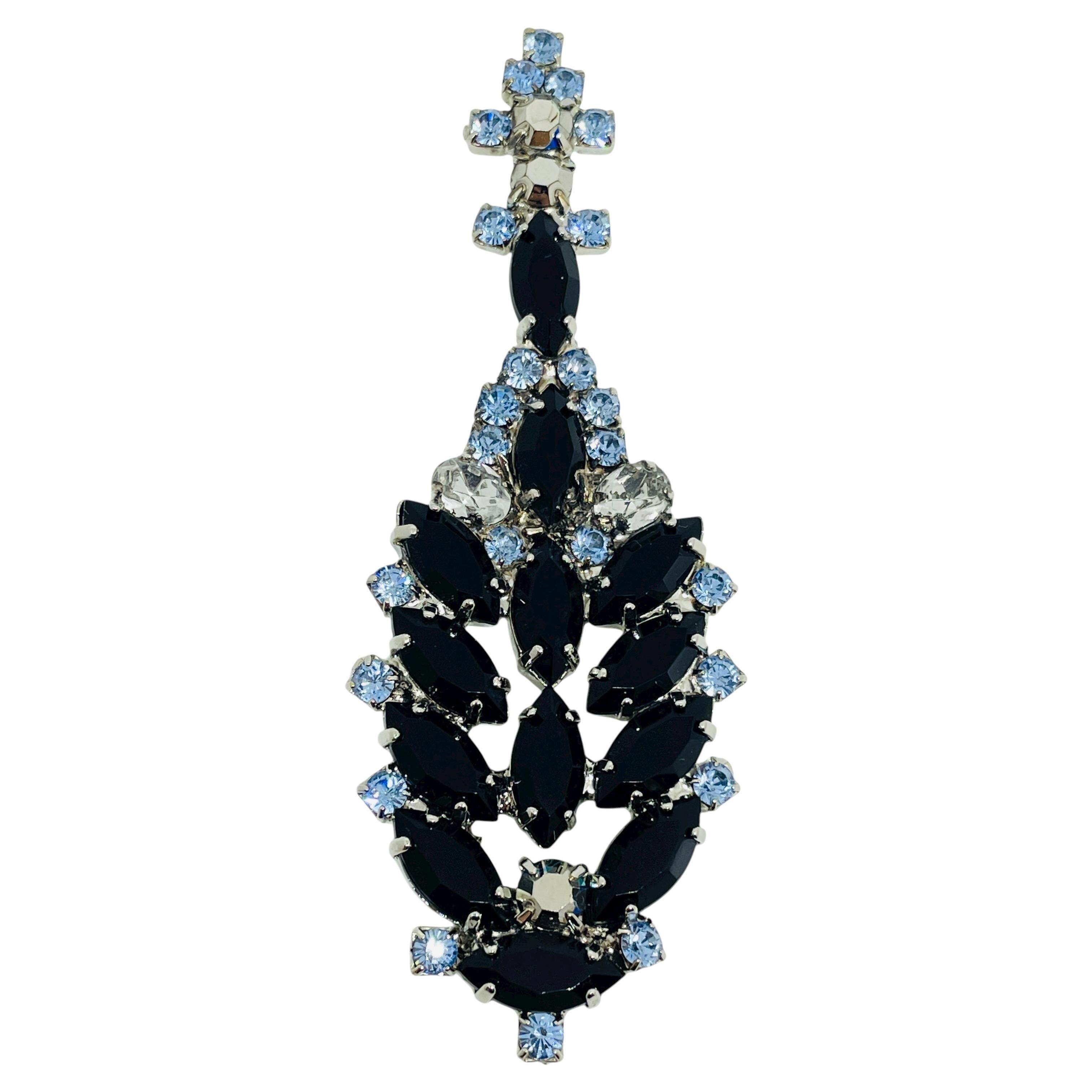 Vintage Silber Ton Juwel schwarz blau Topas Glas Weihnachtsbaum Designer Brosche