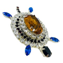 Vintage silver tone jewel glass stones turtle figural designer brooch
