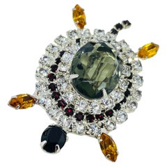 Vintage silver tone jewel glass stones turtle figural designer brooch
