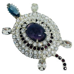 Vintage silver tone jewel glass stones turtle figural designer brooch